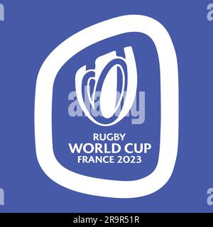 Weißes Farbvektor-Logo der Rugby-Weltmeisterschaft 2023 in Frankreich und blauer Hintergrund, Vektor-Illustration Abstract bearbeitbares Bild Stock Vektor