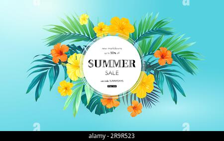 Tropisches Sommerdesign für Banner oder Flyer mit exotischen Palmenblättern, Hibiskusblumen und Platz für Text. Stock Vektor