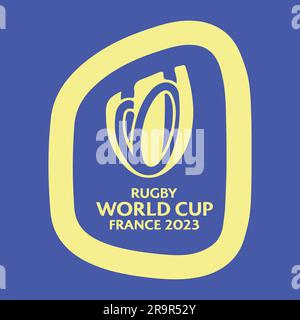 Goldenes farbenfrohes Vektor-Logo der Rugby-Weltmeisterschaft 2023 in Frankreich und blauer Hintergrund, Vektor-Illustration Abstraktes bearbeitbares Bild Stock Vektor