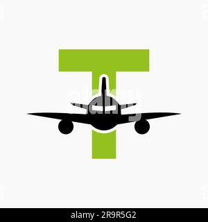 Ursprüngliches Konzept des Buchstabens T Reiselogo mit Flugzeugsymbol Stock Vektor