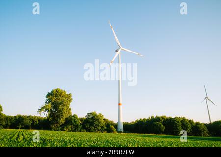 Große Windturbinen mit Flügeln aus der Vogelperspektive und blauem Sonnenuntergang. Windpark, Zeitlupendrehung mit Drohne. Alternative Energie Stockfoto