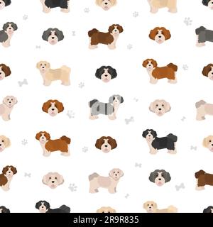 Havanese Hund nahtloses Muster. Verschiedene Posen, Fellfarben eingestellt. Vektorgrafik Stock Vektor