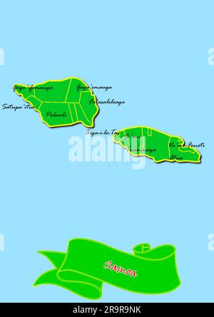 Karte von Samoa mit Unterregionen in Grün Ländername in Rot Stockfoto
