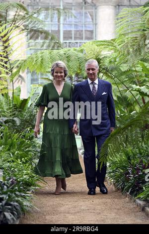 Brüssel, Belgien. 28. Juni 2023. König Philippe - Filip von Belgien und Königin Mathilde von Belgien auf einem königlichen Empfang einer Delegation des Europäischen Parlaments im Schloss Laeken/Laken in Brüssel am Mittwoch, den 28. Juni 2023. Das Treffen findet anlässlich des 70. Jahrestags des Europäischen Parlaments und im Vorfeld des belgischen Ratsvorsitzes der Europäischen Union im ersten Halbjahr 2024 statt. BELGA FOTO ERIC LALMAND Kredit: Belga News Agency/Alamy Live News Stockfoto