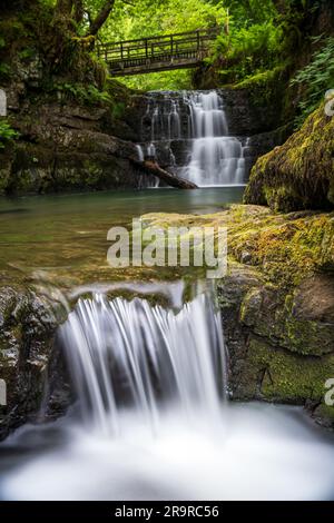 Die Sychryd Cascades oder Sgydau Sychryd Falls mit Holzbrücke im Waterfall Country in der Nähe von Dinas Rock, Pontnedfechan, Brecon Beacons National Park, South Wales, Großbritannien. Wasser mit langer Exposition. Stockfoto