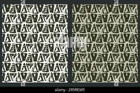 Grunge, 2-Set mit strukturierten, nahtlosen geometrischen Mustern. Handgezeichnete schwarze Farbe, unregelmäßige Dreiecksformen. Weißer, beiger Hintergrund. Stock Vektor