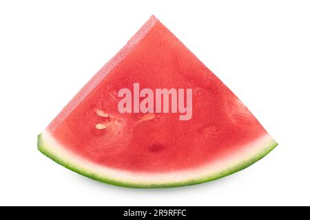 Rote, kernlose Wassermelonenscheiben isoliert auf weißem Hintergrund mit voller Schärfentiefe. Stockfoto