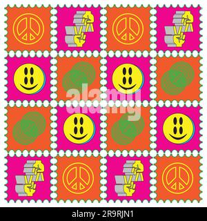 Saurer lsd-Papierblotter markiert trippy 60s Style psychedelische Geometrie nahtlose Muster Art. Vektor verrückte Illustration. Smiley groovy Gesichter, magische Pilze Stock Vektor