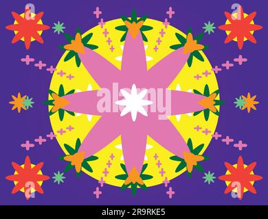 Hippie-Grafikelemente dekorativer Blumenblotter geometrisches Blumenmuster Ornamente trippy psychedelic 80s Lila Pink Gelb Rot, Corona Pop Symbol Symbol Stock Vektor