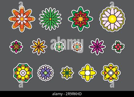 Blumendekoration mit prächtigen bunten Blüten und Blättern am Rand. Frühlings-botanischer Flachvektor, psychedelischer Cartoon-Stil Stock Vektor