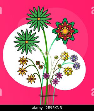 Blumendekoration mit prächtigen bunten Blüten und Blättern am Rand. Frühlings-botanischer Flachvektor, psychedelischer Cartoon-Stil Stock Vektor