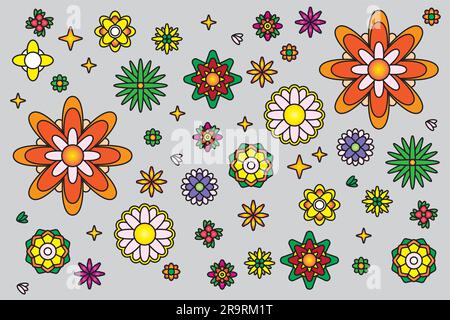 Blumendekoration mit prächtigen bunten Blüten und Blättern am Rand. Frühlings-botanischer Flachvektor, psychedelischer Cartoon-Stil Stock Vektor