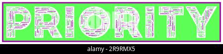 PRIORISIERTER Text, der mit zugehörigen Schlüsselwörtern verschiedener Größen gefüllt ist. Vorrangige Wortwolke. Authentische Vektordarstellung. Stock Vektor
