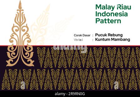 Muster Malay Riau Batik Songket Tenun, Weaving Corak Motif Pucuk Rebung Kuntum Mambang Melayu Muster, traditionelles klassisches handgewebtes Schwarz mit Gold Stock Vektor