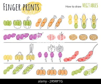 Fingerabdrücke, Gemüsespezialitäten. Schaltplan zum Zeichnen. Stock Vektor