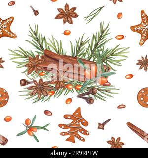 Wasserfarbenes nahtloses Muster der Xmas-Komposition, isoliert auf weißem Hintergrund. Botanisches Bild mit Orangenbeeren, Zimtstangen, Lebkuchen Stockfoto