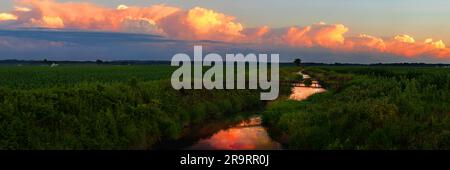 Die warmen Farben des Sonnenuntergangs erscheinen in einigen flauschigen Wolken über einem schmalen und reflektierenden Bach, grüne Vegetation umgibt ihn. Reflexion im Wasser Stockfoto