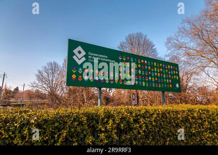 Genf, Schweiz - 25. März 2022: Schild des Botanischen Gartens und Konservatoriums von Genf, Schweiz Stockfoto