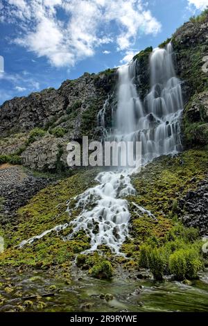 Ein Wasserfall, der von den Klippen im Thousand Springs Park in der Nähe von Hagerman, Idaho, hinunterfließt. Stockfoto