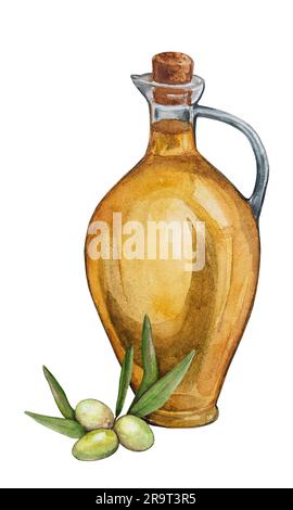 Aquarelle Glasflasche mit Olivenöl. Lebensmittelabbildung zum Bedrucken von Etiketten, Postkarten, Karten, Stoffen und mehr. Stockfoto