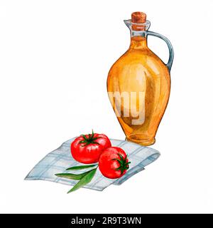 Olivenöl in einer Flasche und Tomaten auf einem Handtuch. Aquarelle Essenszeichnung zum Drucken auf Etiketten, Postkarten, Karten, Textilien und mehr. Stockfoto