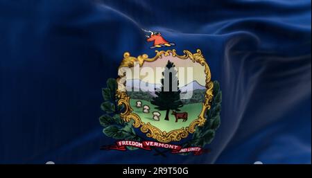 Nahaufnahme der Flagge des Bundesstaates Vermont, die im Wind winkt. Blauer Hintergrund mit Staatswappen und Motto. Rendern der 3D-Darstellung. Selektiver Fokus. Grippe Stockfoto