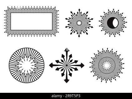 Dekorativer Rahmen, Sterne, Sonne, Mond Schwarzes Pfeilmuster Doodle Illustrations Designelemente Vektordarstellung isoliert auf weißem Hintergrund Stock Vektor