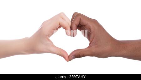 Internationale Beziehungen. Menschen machen Herz mit Händen auf weißem Hintergrund, Nahaufnahme Stockfoto