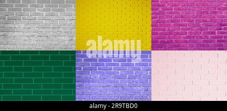 Collage von Ziegelwandtexturen in verschiedenen Farben Stockfoto