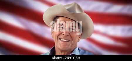 Porträt von Ronald Reagan, 40. Präsident der Vereinigten Staaten von Amerika, mit einem Cowboyhut Stockfoto