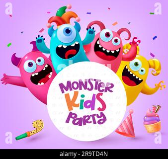 Vektordesign für Monster-Party-Charaktere. Geburtstag Kinder Party Monster, Maskottchen und niedliche Kreatur für Kinder Kostüm und Maskottchen. Vektordarstellung Stock Vektor
