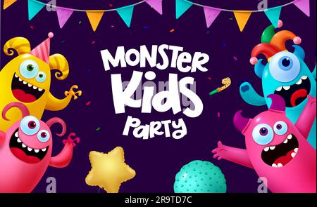 Monster Kids Party Vektordesign. Monster Party für Kinder Geburtstagsfeier mit lustigen Zeichentrickfiguren. Einladungskarte zur Vektorzeichnung Stock Vektor