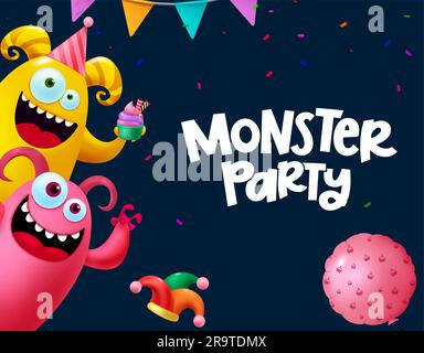 Text-Vektordesign für Monster-Party. Geburtstagsfeier mit niedlichem, lustigem und lächelndem Maskottchen. Vektordarstellung Monster Cartoon Geburtstag Stock Vektor