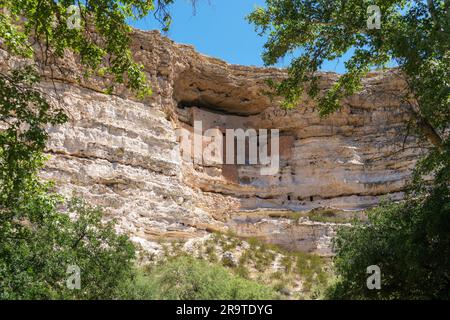 Montezumas Klippenwohnsitz in Camp Verde, von dem aus man durch grüne Astbäume blicken kann Stockfoto