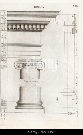 Ionische Ordnungssäule mit Entablatur. Ionica. Kopiert von Abraham Bosse's des Ordres des colonnes. Copperplate-Gravur von Johann Franck aus Joachim von Sandrart’s L’Academia Todesca, della Architectura, Scultura & Pittura, oder Teutsche Academie, der Edlen Bau- Bild- und Mahlerey-Kunste, Deutsche Akademie für Architektur, Skulptur und Gemälde, Jacob von Sandrart, Nürnberg, 1675. Stockfoto