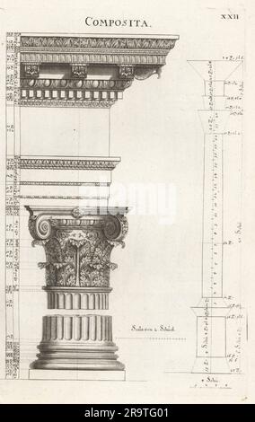 Spalte und Entablatur in zusammengesetzter Reihenfolge. Komposita. Kopiert von Abraham Bosse's des Ordres des colonnes. Copperplate-Gravur von Johann Franck aus Joachim von Sandrart’s L’Academia Todesca, della Architectura, Scultura & Pittura, oder Teutsche Academie, der Edlen Bau- Bild- und Mahlerey-Kunste, Deutsche Akademie für Architektur, Skulptur und Gemälde, Jacob von Sandrart, Nürnberg, 1675. Stockfoto