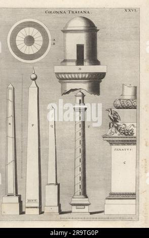 Trajans Säule A, B, C, D, T, Lateran Obelisk R, Montecitorio Obelisk P und Vatikan Obelisk Q. Rom, Italien. Kopiert aus Holzschnitten vom Architekten Sebastiano Serlio. Copperplate-Gravur von Johann Franck aus Joachim von Sandrart’s L’Academia Todesca, della Architectura, Scultura & Pittura, oder Teutsche Academie, der Edlen Bau- Bild- und Mahlerey-Kunste, Deutsche Akademie für Architektur, Skulptur und Gemälde, Jacob von Sandrart, Nürnberg, 1675. Stockfoto