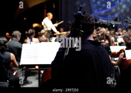 Das Sydney Symphony Orchestra zum 25. Jahrestag von Symphony in the Domain im Rahmen des einmonatigen Sydney Festivals. (2007 ist auch der 75. Jahrestag der Sydney Symphony.) The Domain, Sydney, Australien. 20.01.07. Stockfoto