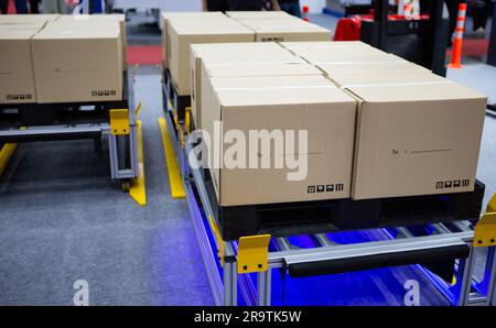 Shuttle-Paletten in modernen Fertigungslagern. Stockfoto