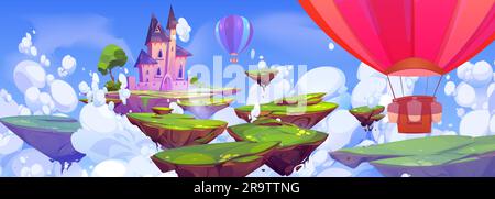 Der Heißluftballon fliegt zum magischen Schloss-Cartoon-Hintergrund. Wunderschöner Fantasy Queen Palace auf schwimmender Felseninsel, Pfad zum Sprung in den Himmel zu pinkfarbenen Herrenhaus-Tapeten Stock Vektor