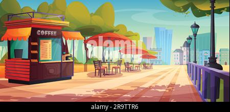 Straßencafé im Freien im Stadtpark, Vektorgrafik. Cafeteria mit Sonnenterrasse und Tisch, Stuhl und orangefarbenem Sonnenschirm im Gartenbereich. Stadtlandschaft mit Freiluftkabine für Kaffee Stock Vektor