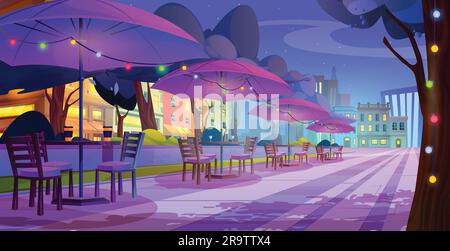 Straßencafé oder Restauranttisch am Abend, Zeichentrickfilm. Außerhalb der Cafeteria in der Abendstadt mit Girlande-Glühlampen-Lichtvektor-Hintergrund. Außenansicht des Gebäudes, Bürgersteig und Open-Air-Bistro Stock Vektor