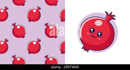Handgezogener Granatapfel im Doodle-Stil zum Entwerfen von Babykleidung. Postkarte mit Granatapfel und nahtlosem Muster. Cartoon Böhmischer Kinderabdruck. Kinder-Design-Struktur für Pyjamas. Vektordarstellung. Stock Vektor