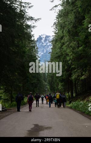 Zakopane Polen - Oktober 2022 Reisende gehen zum Morskie oko Polen Wanderkonzept. Reisen und Tourismus in den Bergen des Tatras-Nationalparks. Wanderung und Natur im Freien Stockfoto