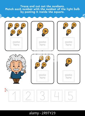 Arbeitsblatt zur Nachverfolgung von 1 bis 5 Zahlen und Wörtern. Arbeitsblatt Mit Glühbirnenbildern Ausschneiden Und Einfügen. Hochwertiges Vektorelement. Stock Vektor