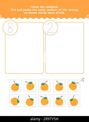 Arbeitsblatt Für Acht Und Zwei Zähl- Und Tracing-Nummern. Arbeitsblatt Mit Bildern Ausschneiden Und Einfügen. Hochwertiges Vektorelement. Stock Vektor