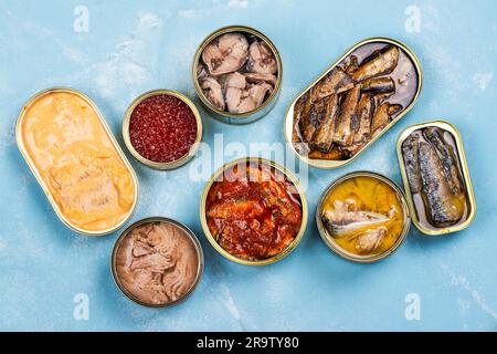 Verschiedene Dosen mit verschiedenen Fischkonserven und Meeresfrüchten. Natürliche Quelle von Omega 3 und Vitamin D. Stockfoto