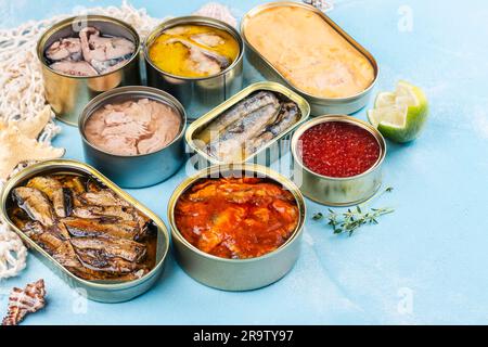 Verschiedene Dosen mit verschiedenen Fischkonserven und Meeresfrüchten. Natürliche Quelle von Omega 3 und Vitamin D. Stockfoto