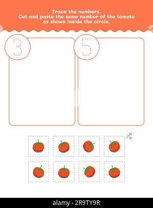 Arbeitsblatt Für Drei- Und Fünf-Zählung Und Rückverfolgungsnummer. Arbeitsblatt Mit Tomatenbildern Ausschneiden Und Einfügen. Hochwertiges Vektorelement. Stock Vektor