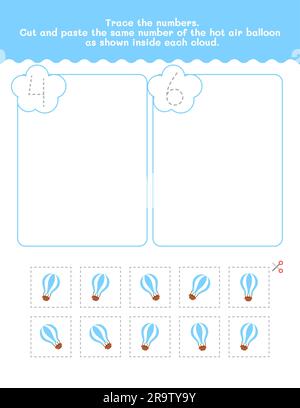 Arbeitsblatt Für Vier- Und Sechs-Zählung Und Tracing-Nummer. Arbeitsblatt Mit Bildern Ausschneiden Und Einfügen. Hochwertiges Vektorelement. Stock Vektor